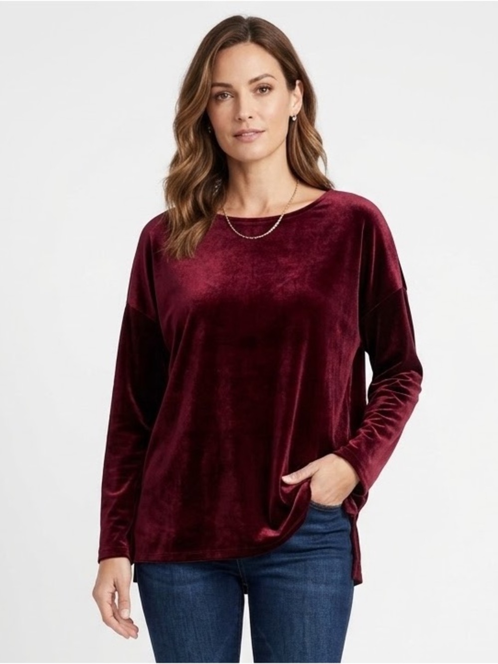 J Jill Velvet Long Sleeve Crewneck Top Tunic Burgundy XL